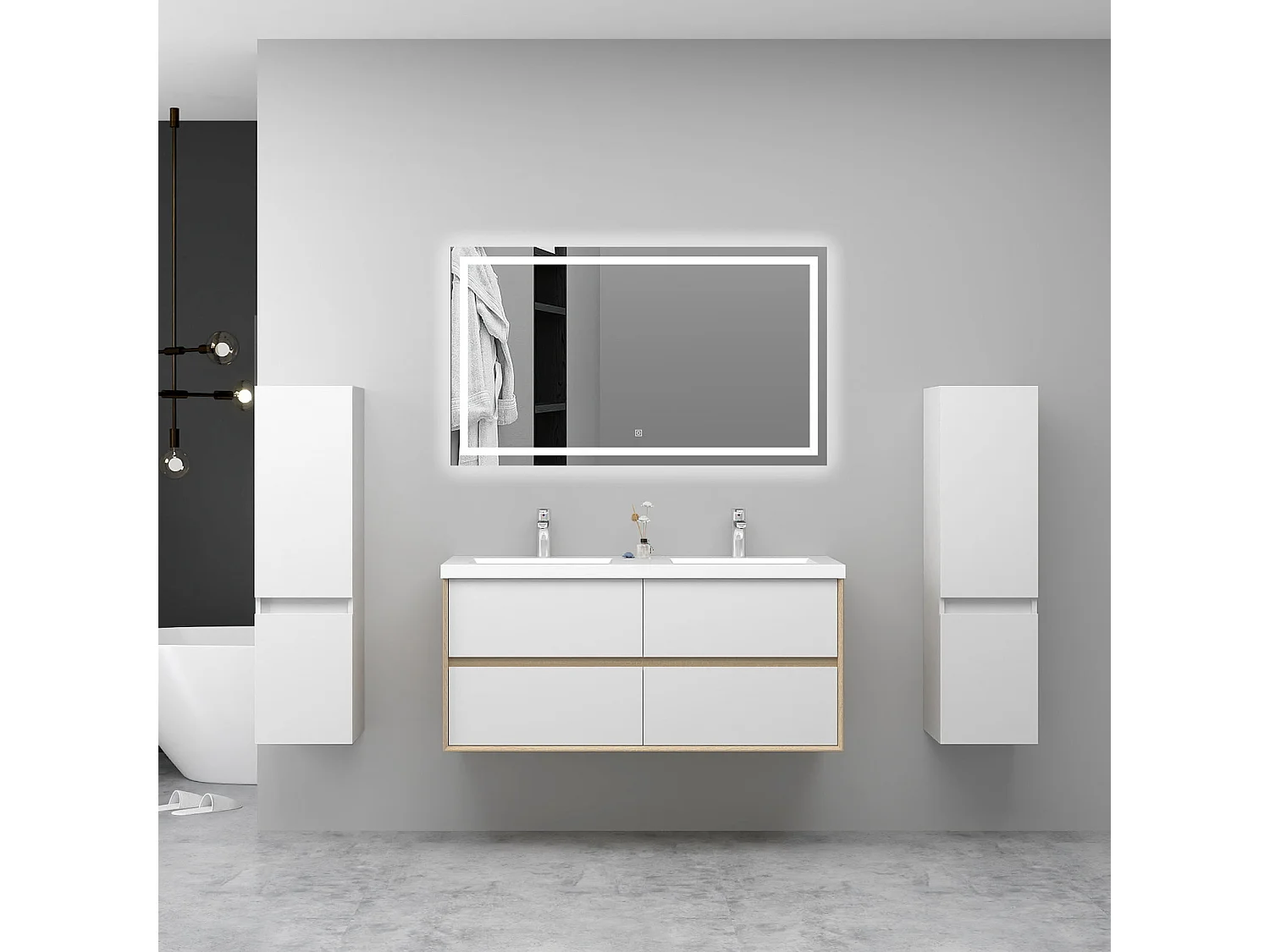 AICA Ensemble Meuble Salle de Bain Suspendu 120cm, Blanc + Chêne, Meuble 4 tiroirs + Lavabo + Miroir LED + 2 Colonne