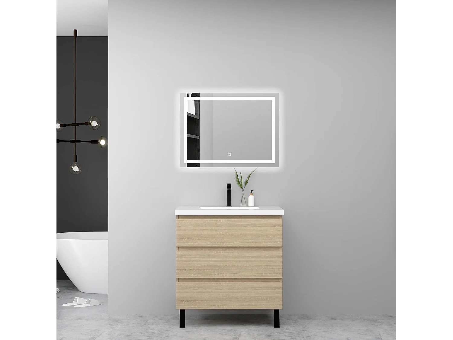 Meuble de salle de bain avec vasque, 80cm, 3 tiroirs avec fermeture amortie + miroir LED, meuble chêne