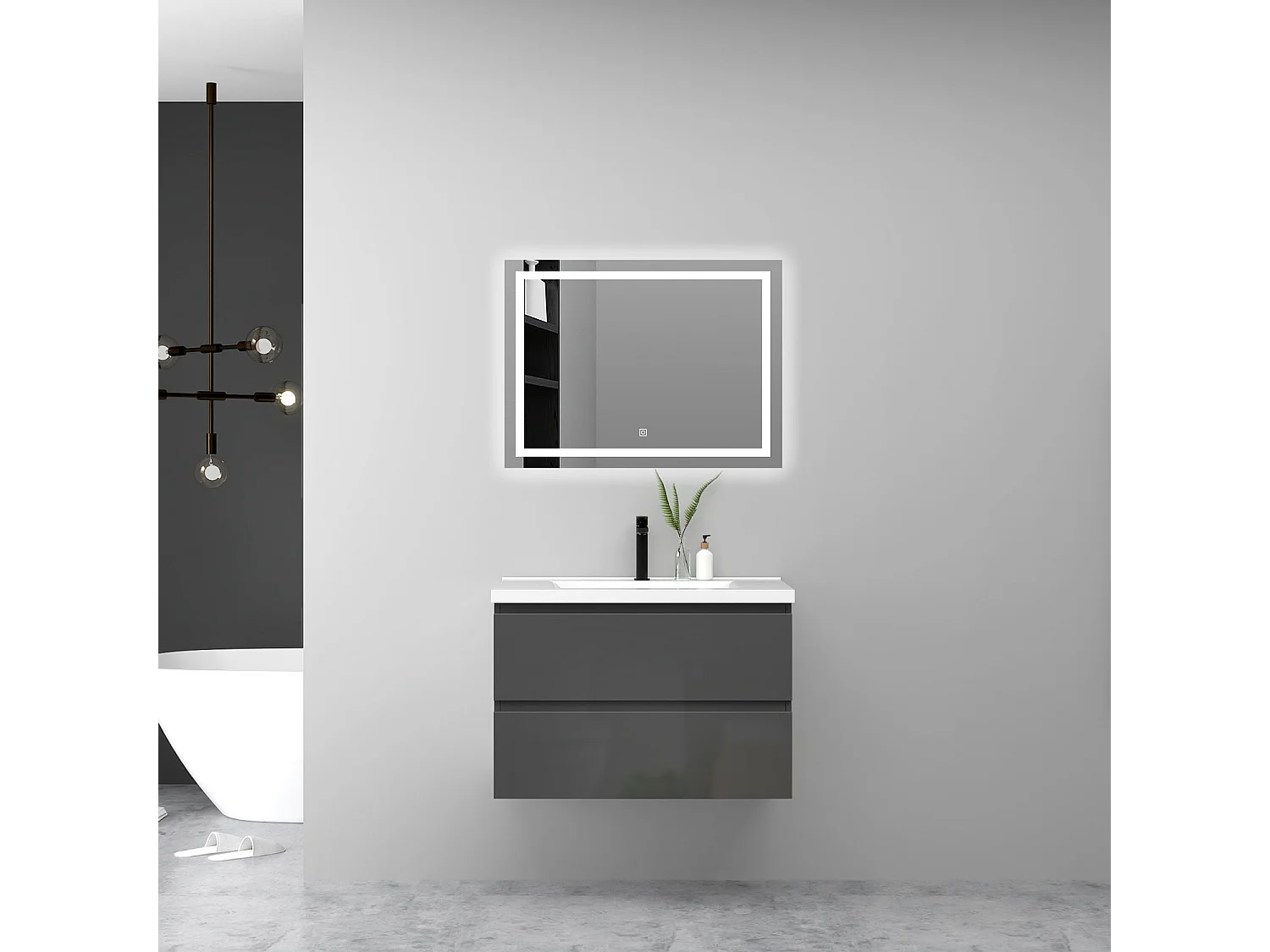 Ensemble Meuble Salle de Bain Suspendu 80cm Anthracite Brillant avec 2 Tiroirs à Fermeture Automatique et Simple Lavabo Céramique et Miroir Tricolore