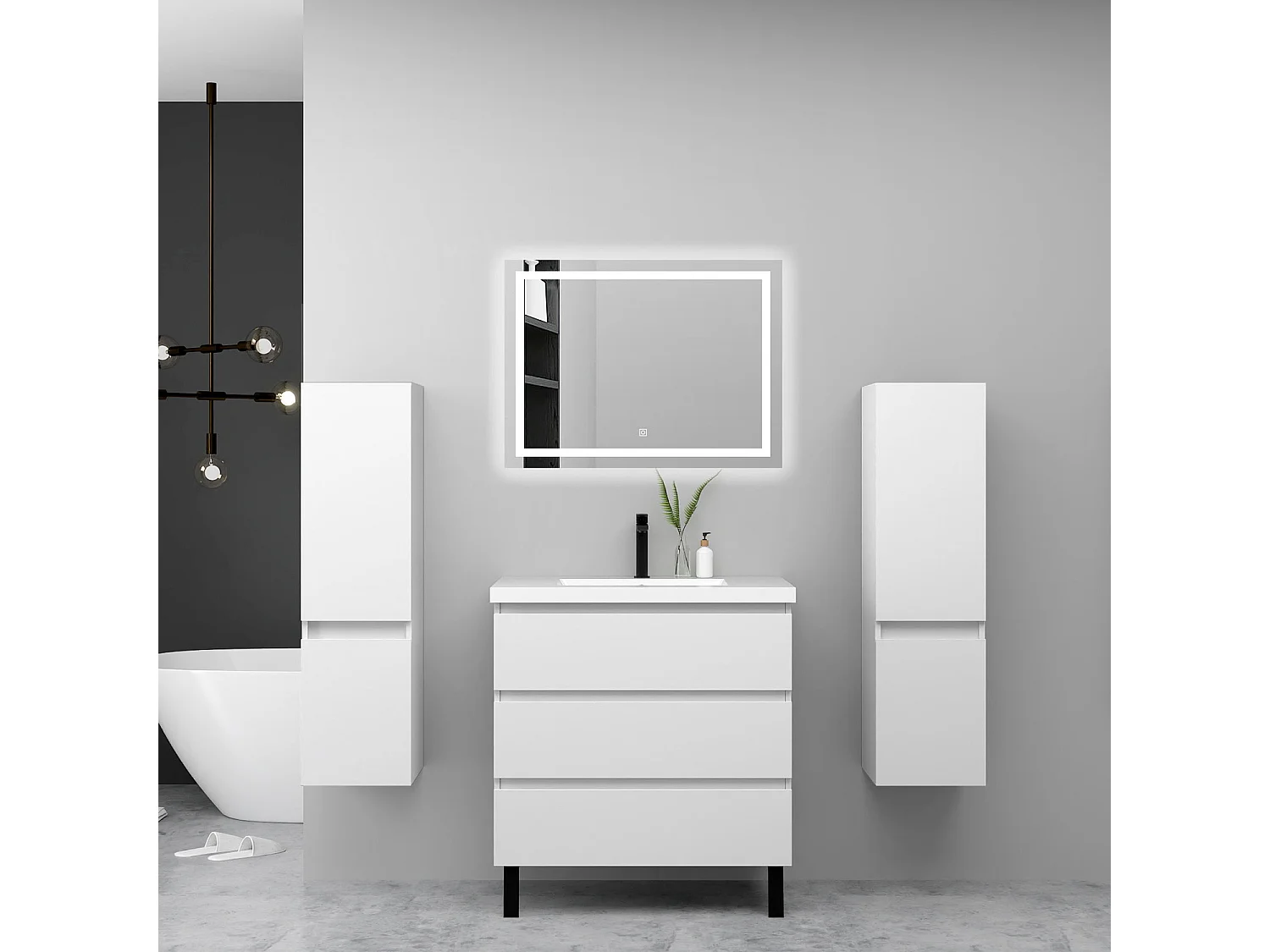 Ensemble meuble blanc et vasque L.60cm 3 tiroirs + 2*colonne haute + miroir LED