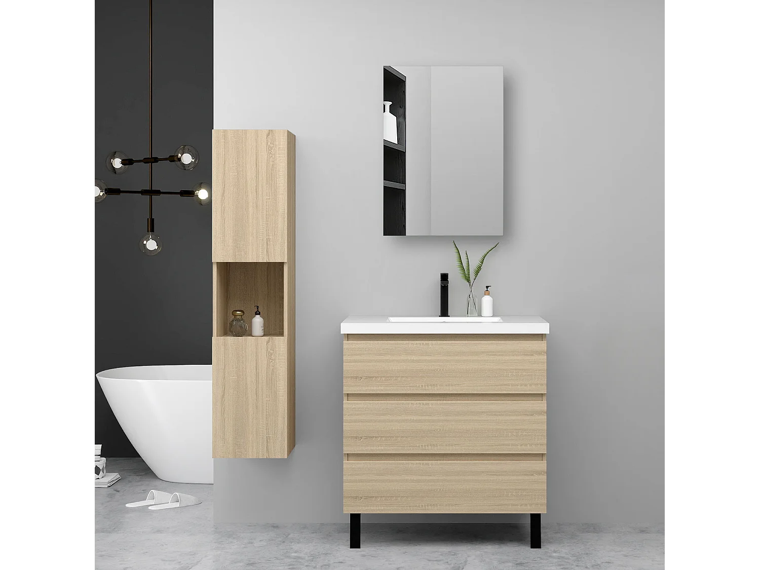 Ensemble meuble chêne et vasque L.80cm 3 tiroirs avec fermeture amortie + colonne haute + Armoire salle de bain avec miroir