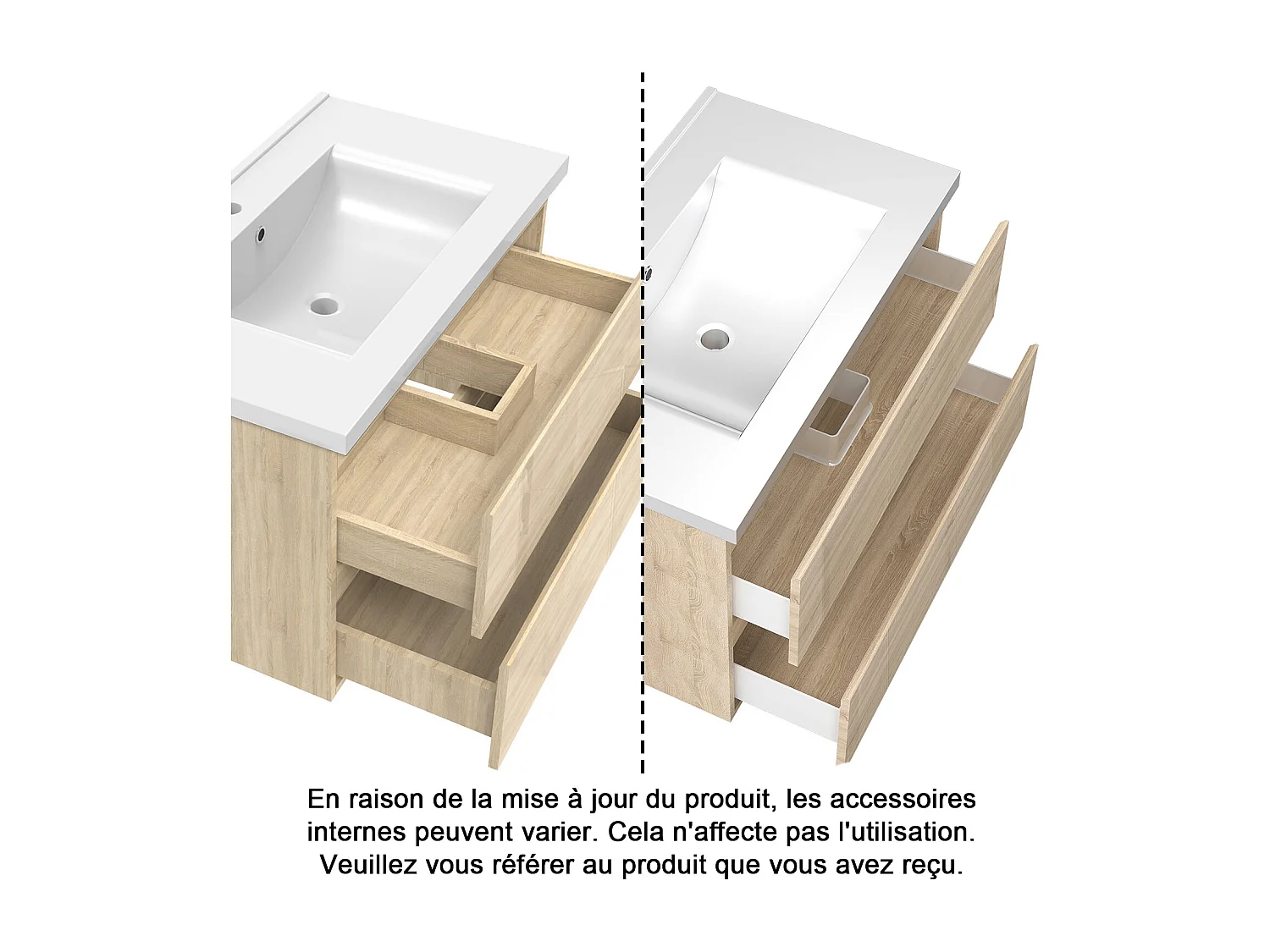 Ensemble Meuble Salle de Bain Suspendu 80cm Chêne Brillant avec 2 Tiroirs à Fermeture Automatique + Miroir Tricolore + Simple Vasque Céramique + Colonne