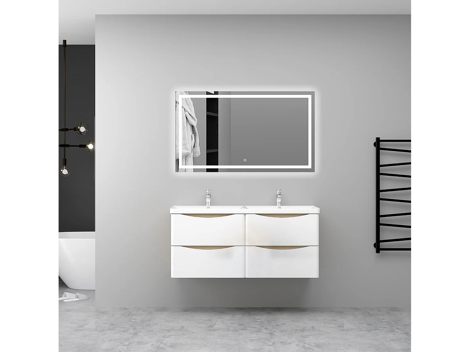 AICA Ensemble Meuble Salle de Bain Brillant Suspendu 120cm, Blanc + Chêne, Meuble 4 tiroirs + Lavabo + Miroir LED
