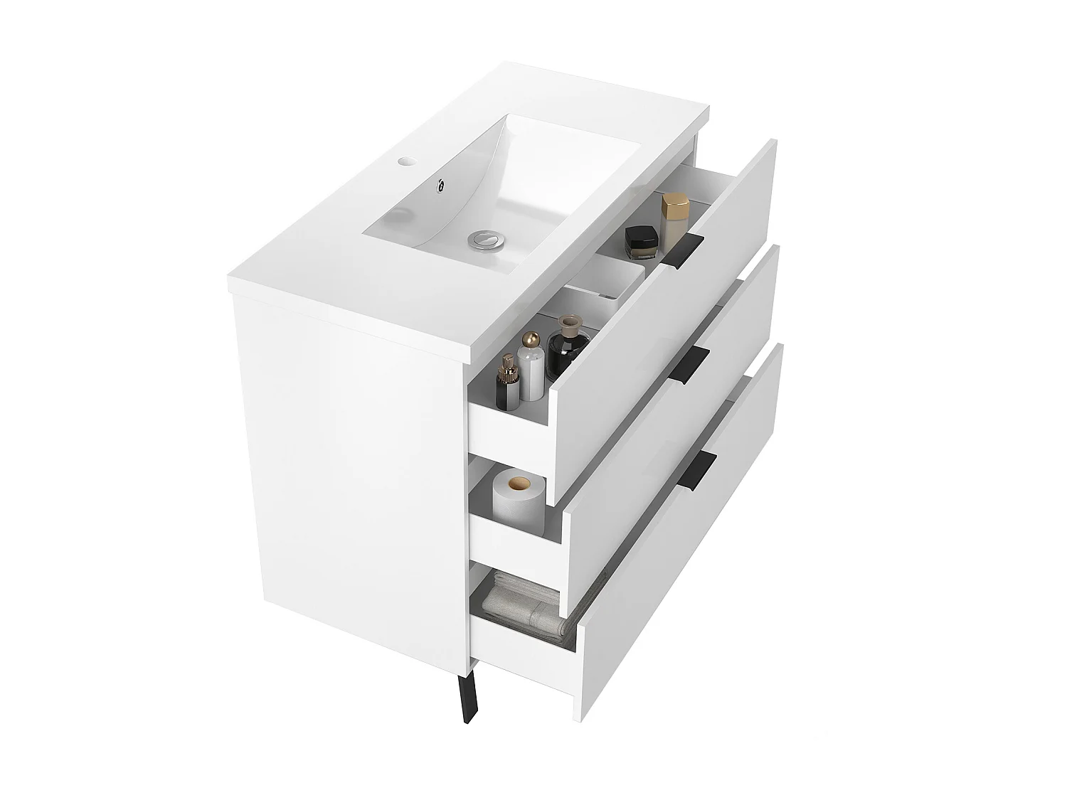 Meuble de salle de bain avec lavabo, 100cm, 3 tiroirs avec fermeture amortie + Armoire salle de bain avec miroir, meuble blanc