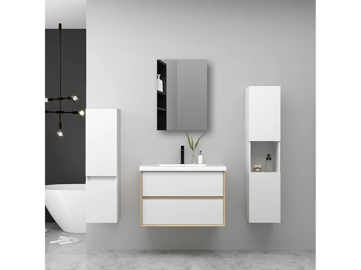AICA Ensemble Meuble Salle de Bain Suspendu 80cm, Blanc + Chêne, Meuble 2 tiroirs + Vasque + Armoire salle de bain avec miroir + 2 Colonne haute