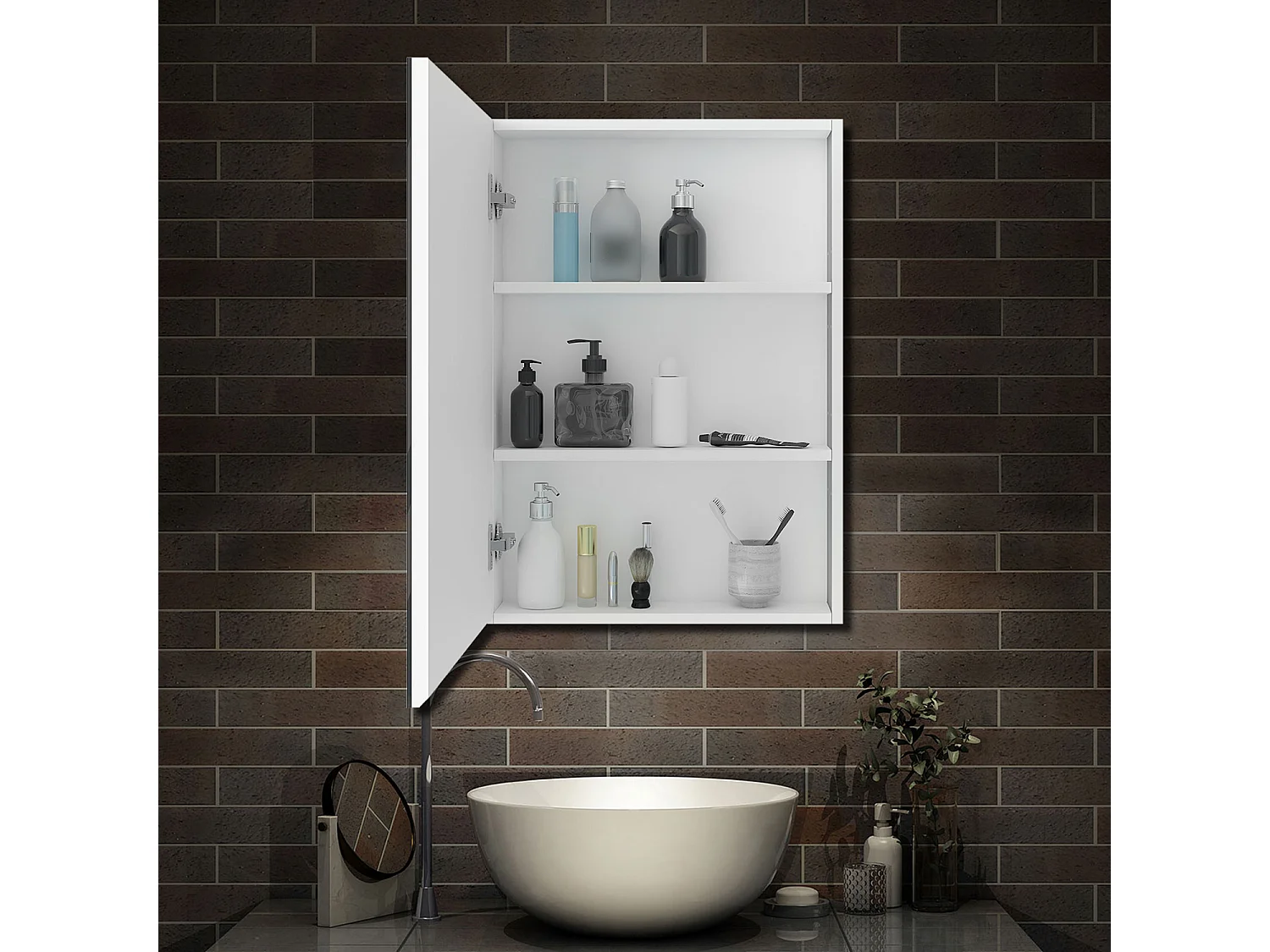 AICA Ensemble Meuble Salle de Bain Suspendu 80cm, Blanc + Chêne, Meuble 2 tiroirs + Vasque + Armoire salle de bain avec miroir + 2 Colonne haute