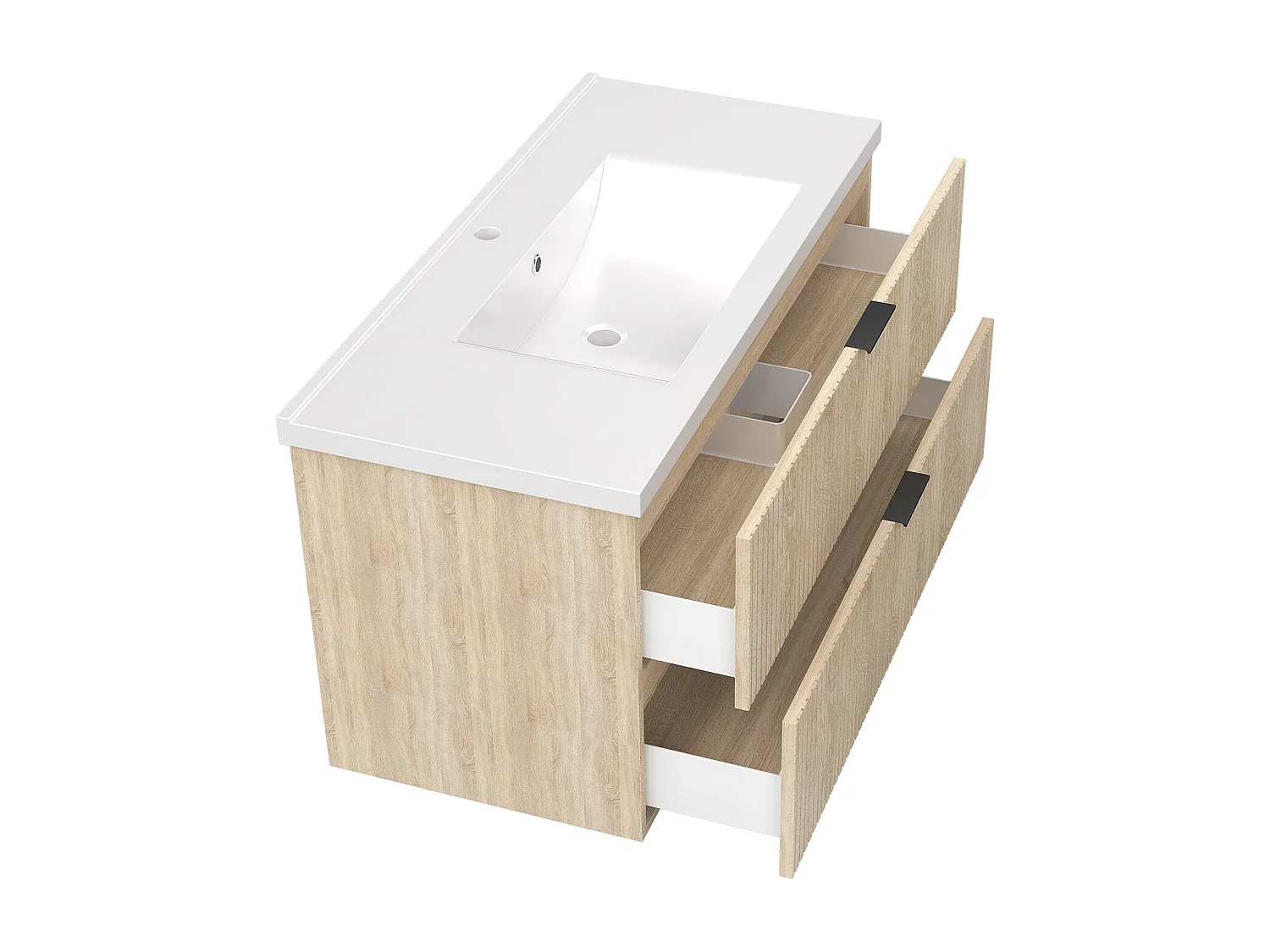 Aica Meuble de salle de bain suspendu 100 cm Chêne + 2 tiroirs, avec Vasque + Miroir LED