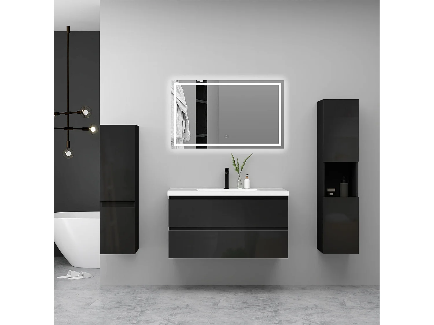 Ensemble Meuble Salle de Bain Suspendu 100cm Noir Brillant avec 2 Tiroirs à Fermeture Automatique + Miroir Tricolore + Simple Vasque Céramique + 2*Colonne Haute
