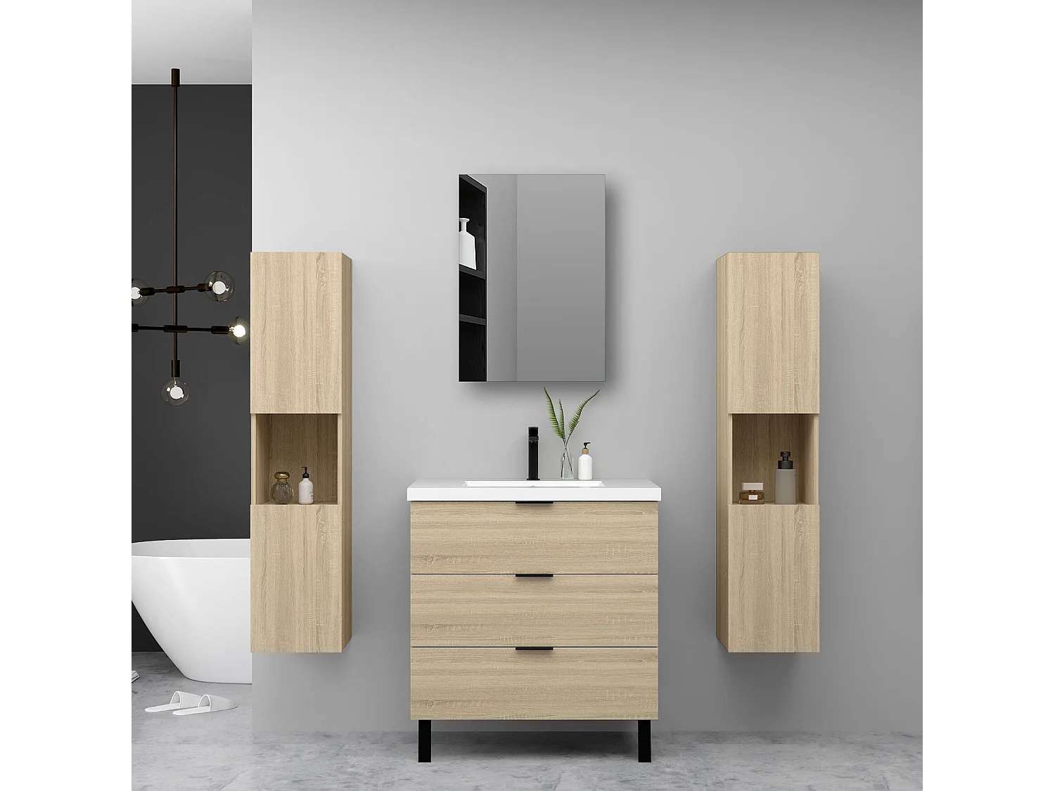 Ensemble meuble chêne et lavabo L.80cm 3 tiroirs avec fermeture amortie + 2*colonne haute + Armoire salle de bain avec miroir