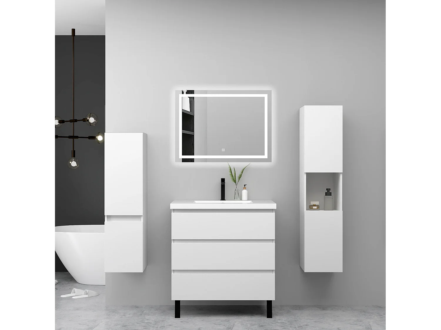 Ensemble meuble blanc et vasque L.60cm 3 tiroirs avec fermeture amortie + 2*colonne + miroir LED