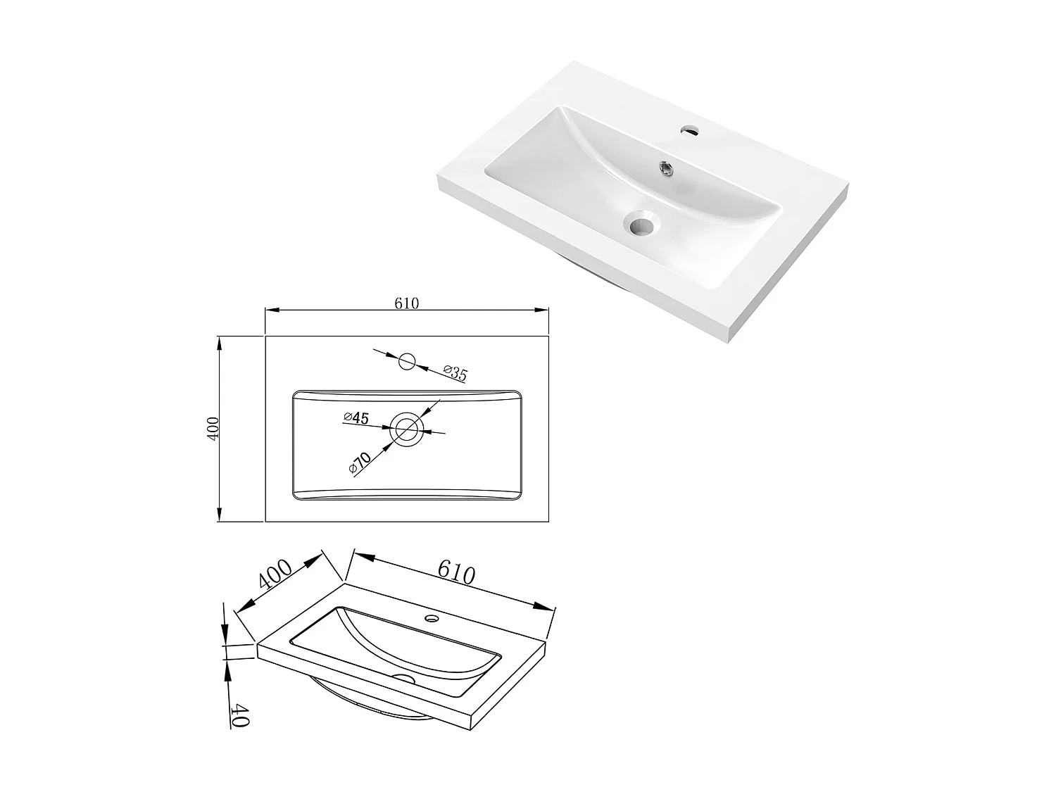 Ensemble meuble blanc et vasque L.60cm 3 tiroirs avec fermeture amortie + 2*colonne + miroir LED