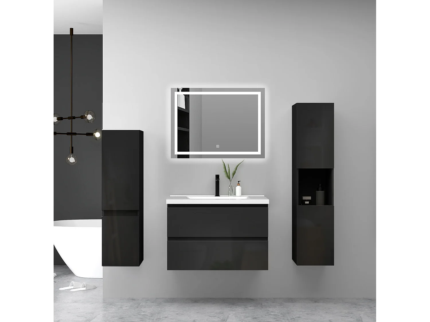 Ensemble Meuble Salle de Bain Suspendu 80cm Noir Brillant avec 2 Tiroirs à Fermeture Automatique + Miroir Tricolore + Simple Vasque Céramique + 2*Colonne Haute