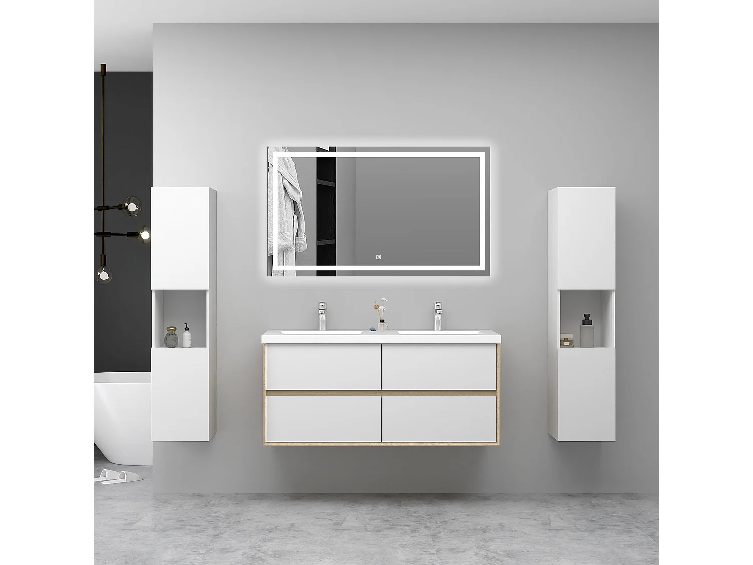 AICA Ensemble Meuble Salle de Bain Suspendu 120cm, Blanc + Chêne, Meuble 4 tiroirs + Lavabo + Miroir LED + 2 Colonne haute
