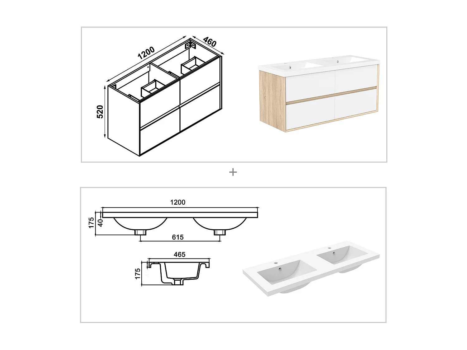 AICA Ensemble Meuble Salle de Bain Suspendu 120cm, Blanc + Chêne, Meuble 4 tiroirs + Lavabo + Miroir LED + 2 Colonne haute