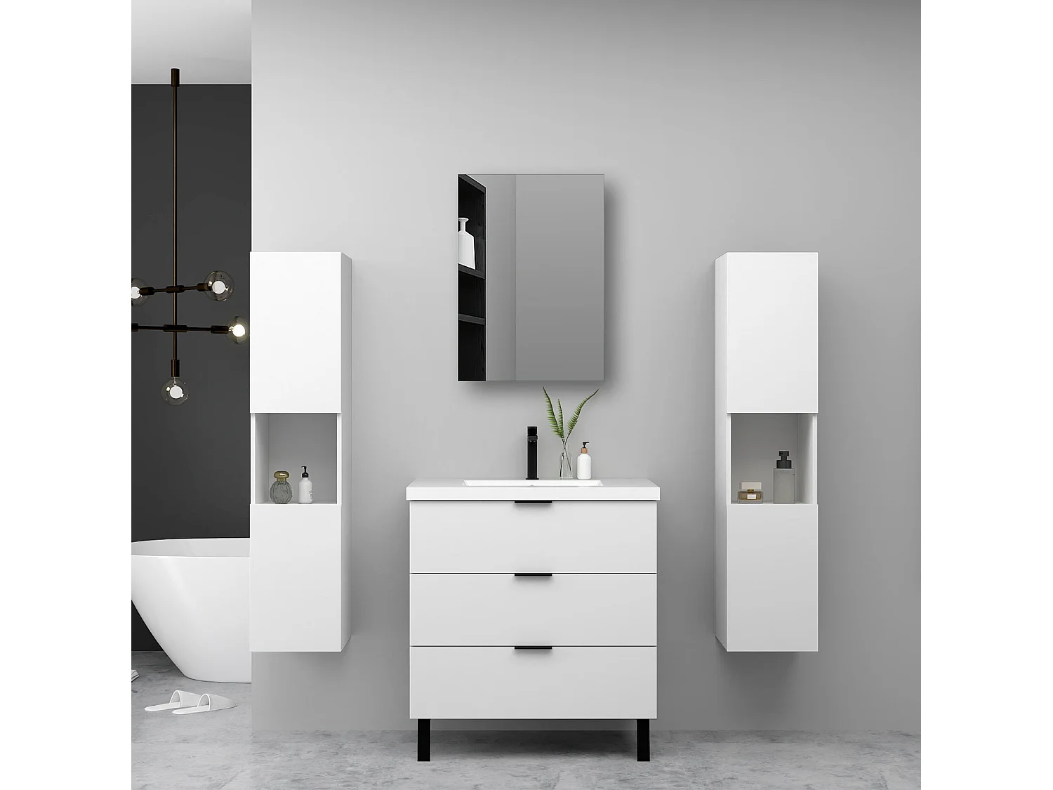 Ensemble meuble blanc et lavabo L.60cm 3 tiroirs avec fermeture amortie + 2*colonne haute + Armoire salle de bain avec miroir