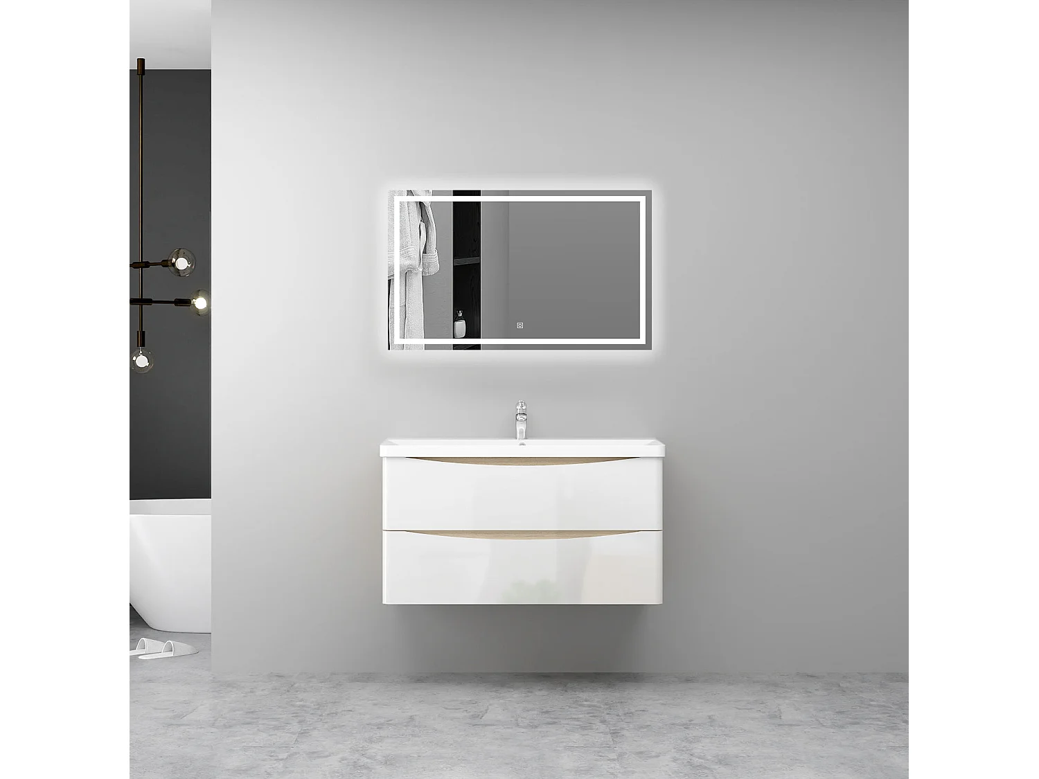 AICA Ensemble Meuble Salle de Bain Brillant Suspendu 100cm, Blanc + Chêne, Meuble 2 tiroirs + Lavabo + Miroir LED