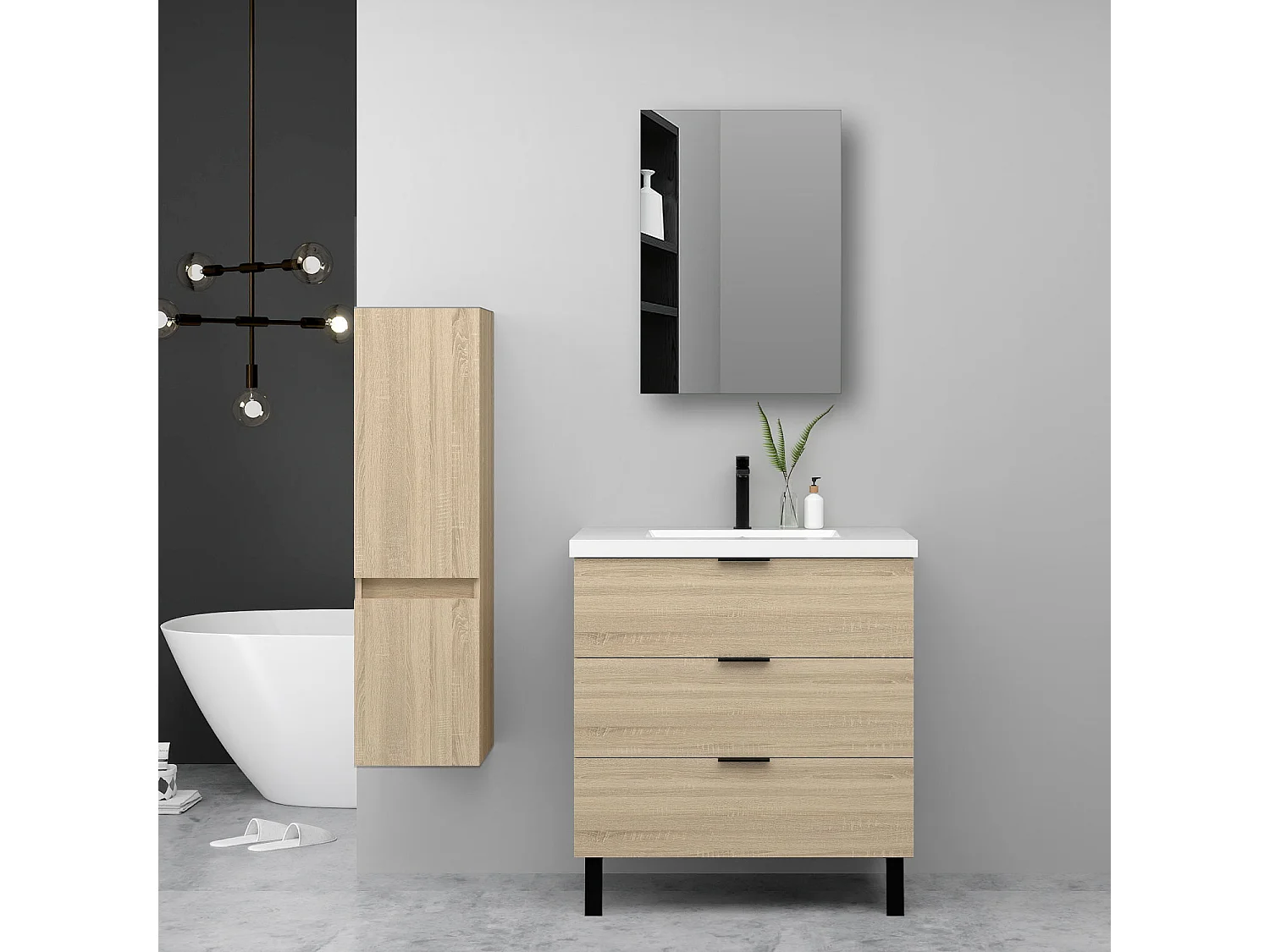 Ensemble meuble chêne et lavabo L.80cm 3 tiroirs + colonne haute + Armoire salle de bain avec miroir