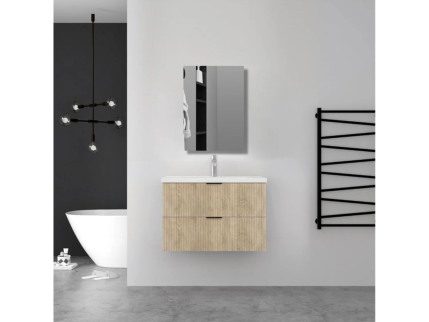 Aica Meuble de salle de bain suspendu 80 cm Chêne + 2 tiroirs, avec Vasque + Armoire salle de bain avec miroir