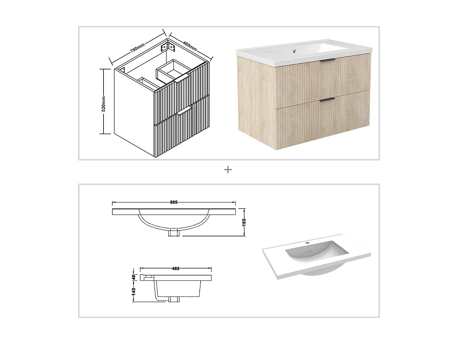 Aica Meuble de salle de bain suspendu 80 cm Chêne + 2 tiroirs, avec Vasque + Armoire salle de bain avec miroir