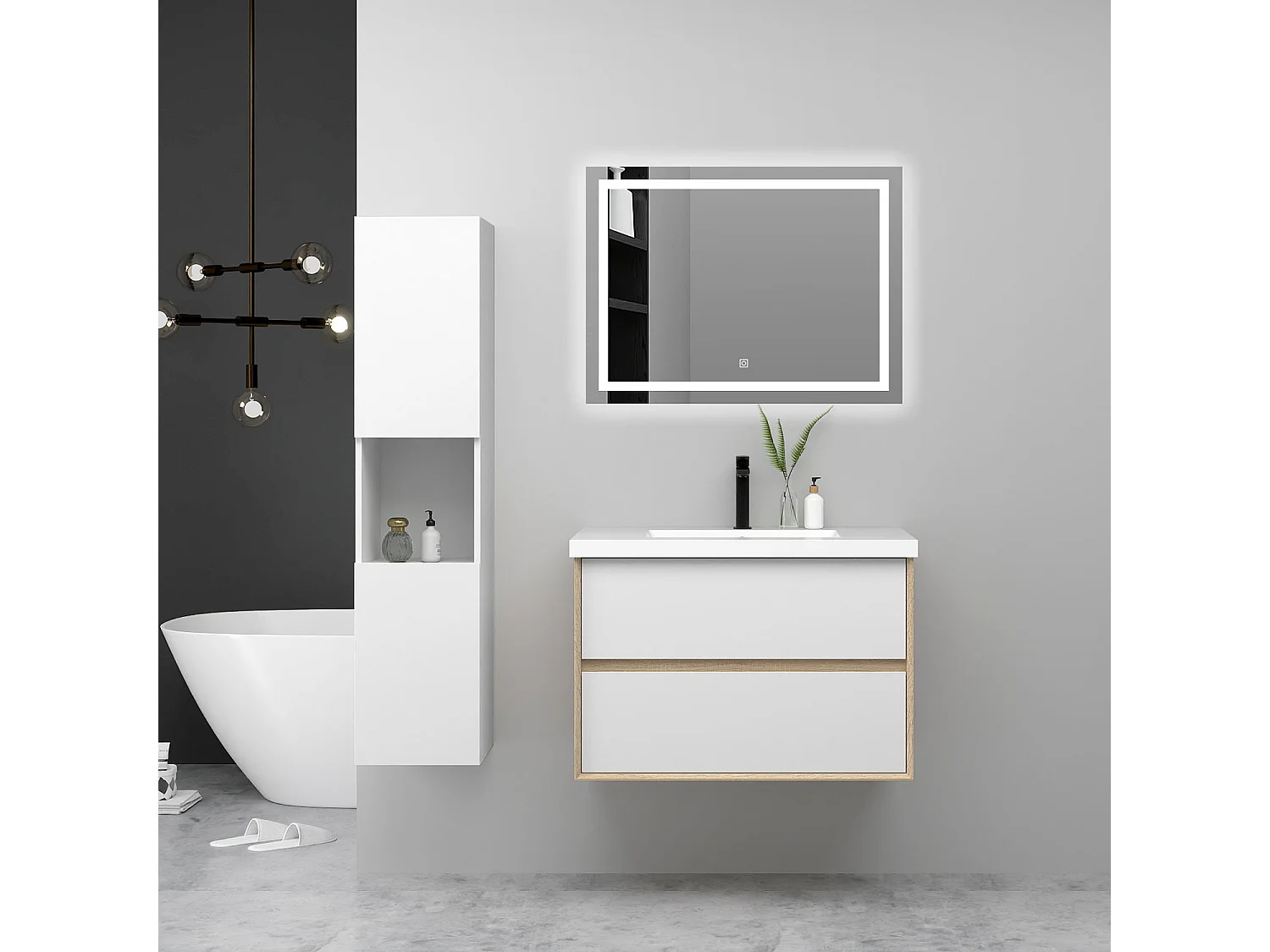 AICA Ensemble Meuble Salle de Bain Suspendu 60cm, Blanc + Chêne, Meuble 2 tiroirs + Lavabo + Miroir LED + Colonne haute