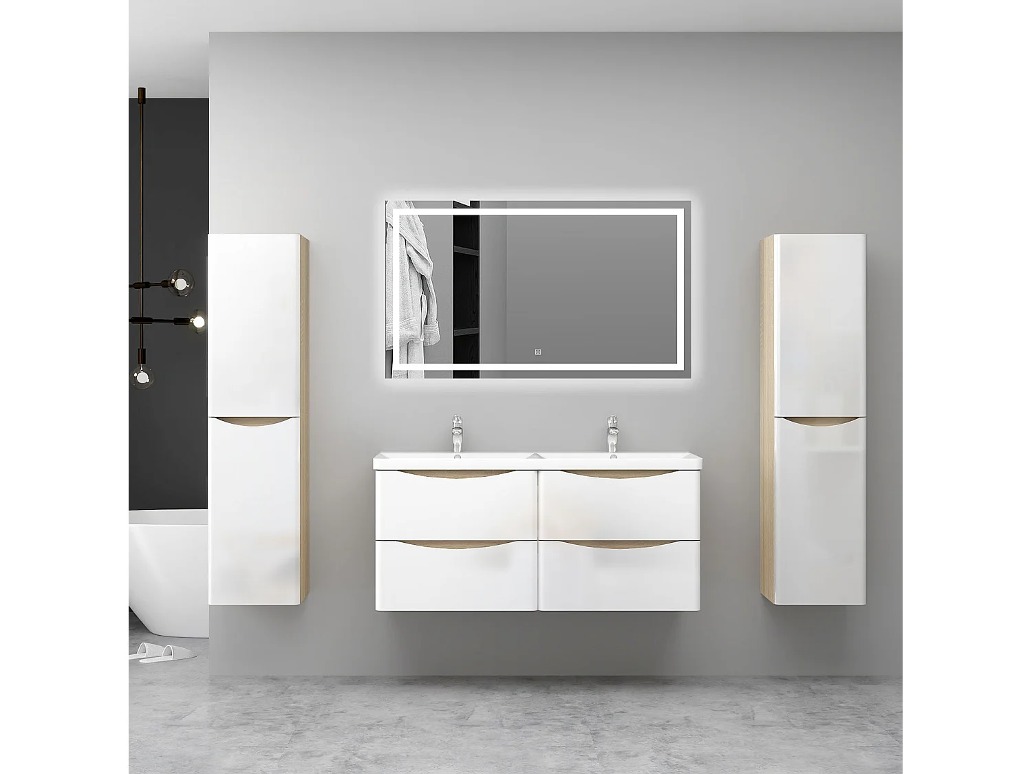 AICA Ensemble Meuble Salle de Bain Brillant Suspendu 120cm, Blanc + Chêne, Meuble 4 tiroirs + Lavabo + Miroir LED + 2Colonne