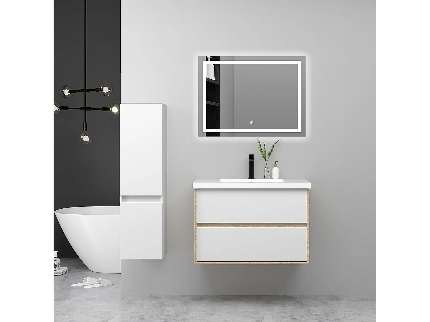 AICA Ensemble Meuble Salle de Bain Suspendu 60cm, Blanc + Chêne, Meuble 2 tiroirs + Lavabo + Miroir LED + Colonne