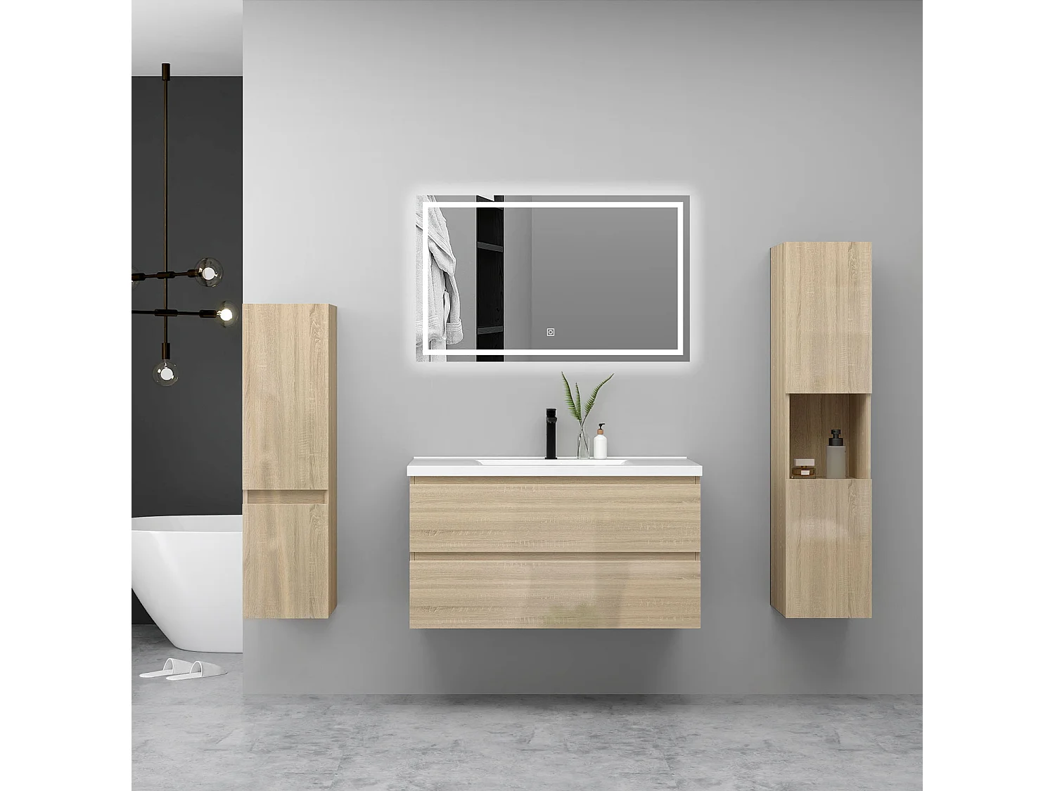 Ensemble Meuble Salle de Bain Suspendu 100cm Chêne Brillant avec 2 Tiroirs à Fermeture Automatique + Miroir Tricolore + Simple Vasque Céramique + 2*Colonne Haute