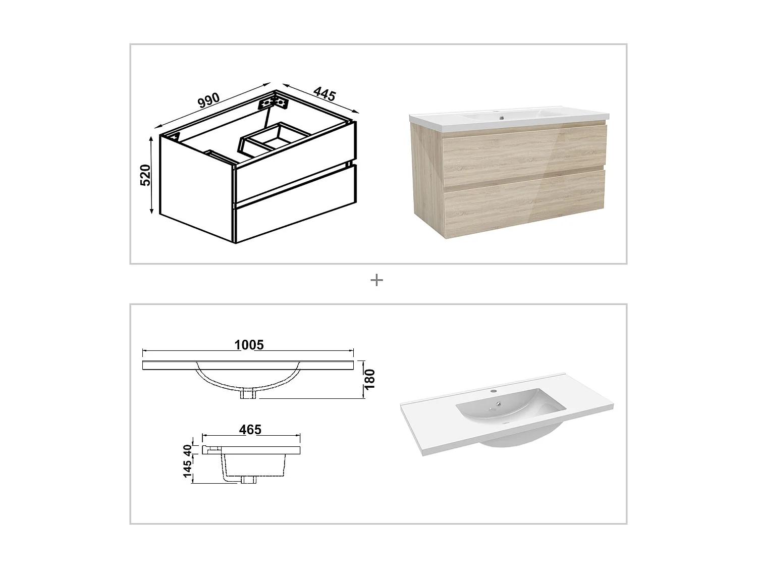 Ensemble Meuble Salle de Bain Suspendu 100cm Chêne Brillant avec 2 Tiroirs à Fermeture Automatique + Miroir Tricolore + Simple Vasque Céramique + 2*Colonne Haute