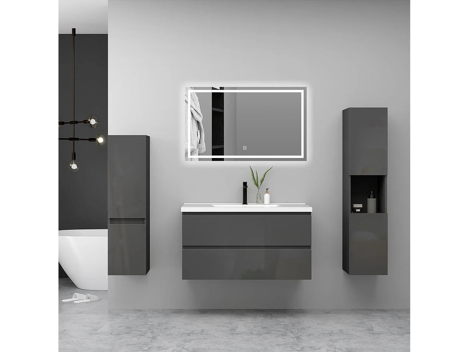 Ensemble Meuble Salle de Bain Suspendu 100cm Anthracite Brillant avec 2 Tiroirs à Fermeture Automatique + Miroir Tricolore +Simple Vasque Céramique +2*Colonne Haute