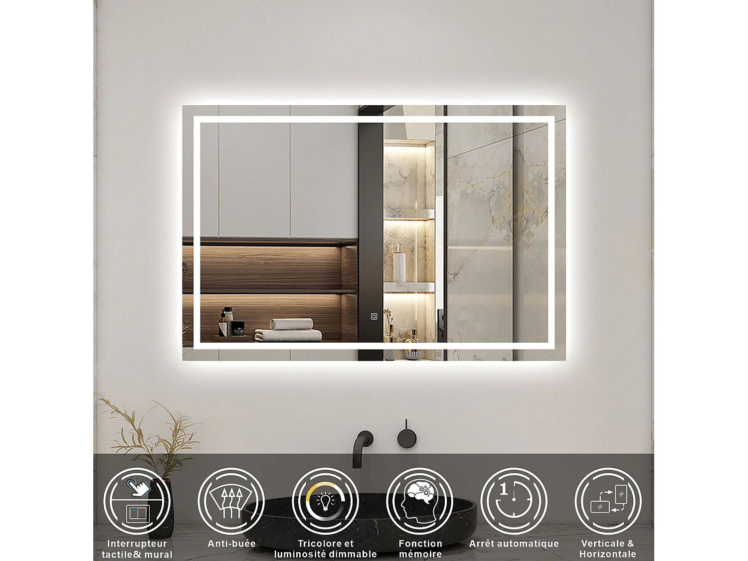 Ensemble Meuble Salle de Bain Suspendu 100cm Anthracite Brillant avec 2 Tiroirs à Fermeture Automatique + Miroir Tricolore +Simple Vasque Céramique +2*Colonne Haute