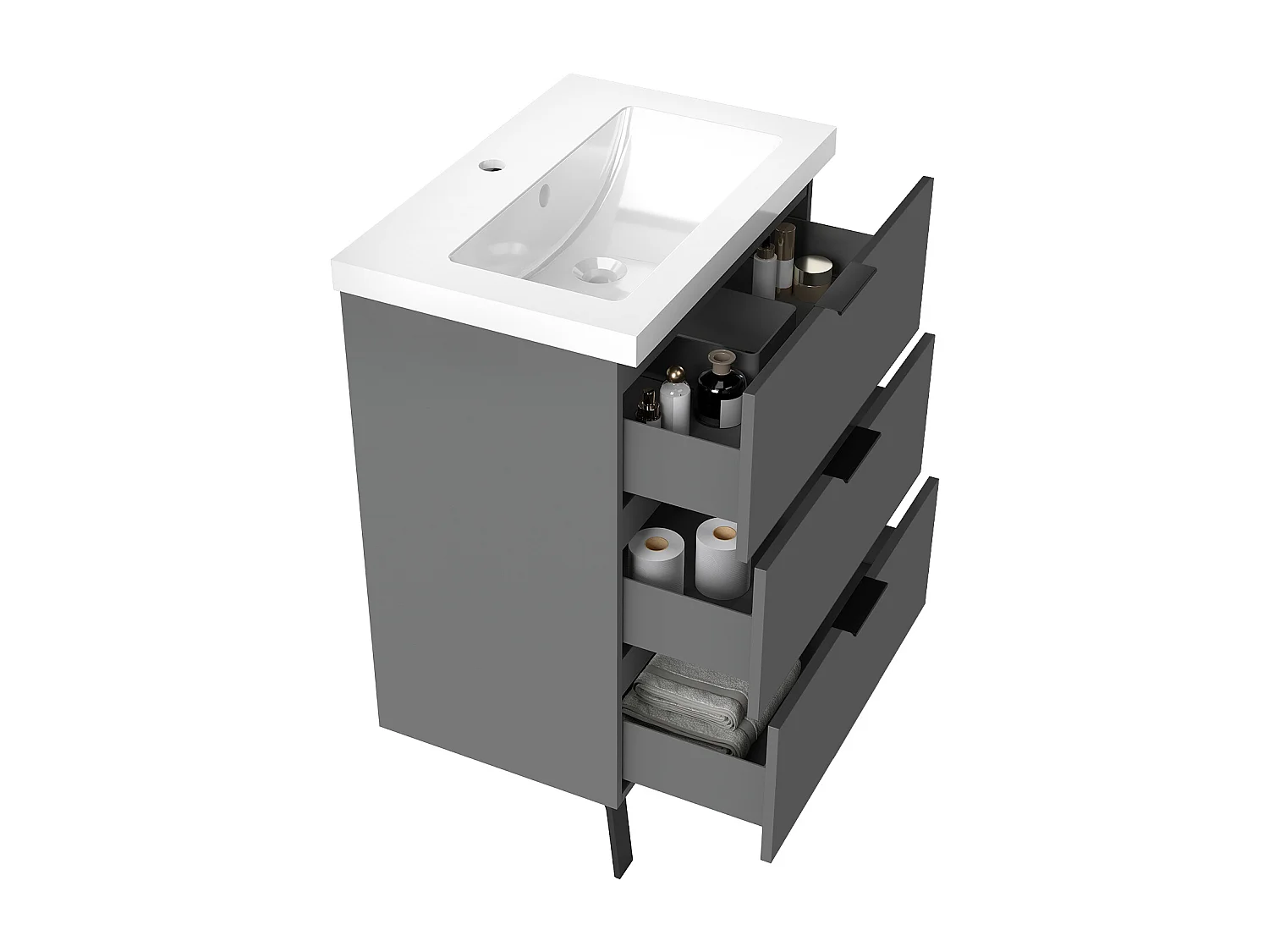 Ensemble meuble anthracite et lavabo L.60cm 3 tiroirs avec fermeture amortie + colonne haute + miroir LED