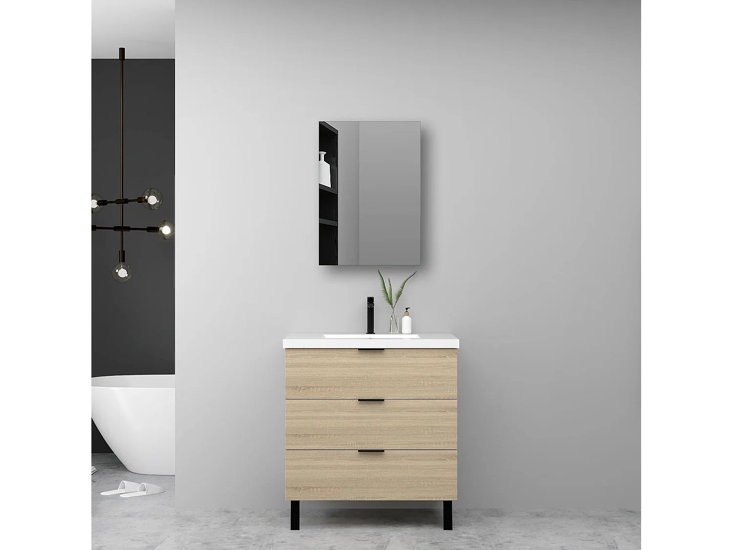 Meuble de salle de bain avec lavabo, 60cm, 3 tiroirs avec fermeture amortie + Armoire salle de bain avec miroir, meuble chêne
