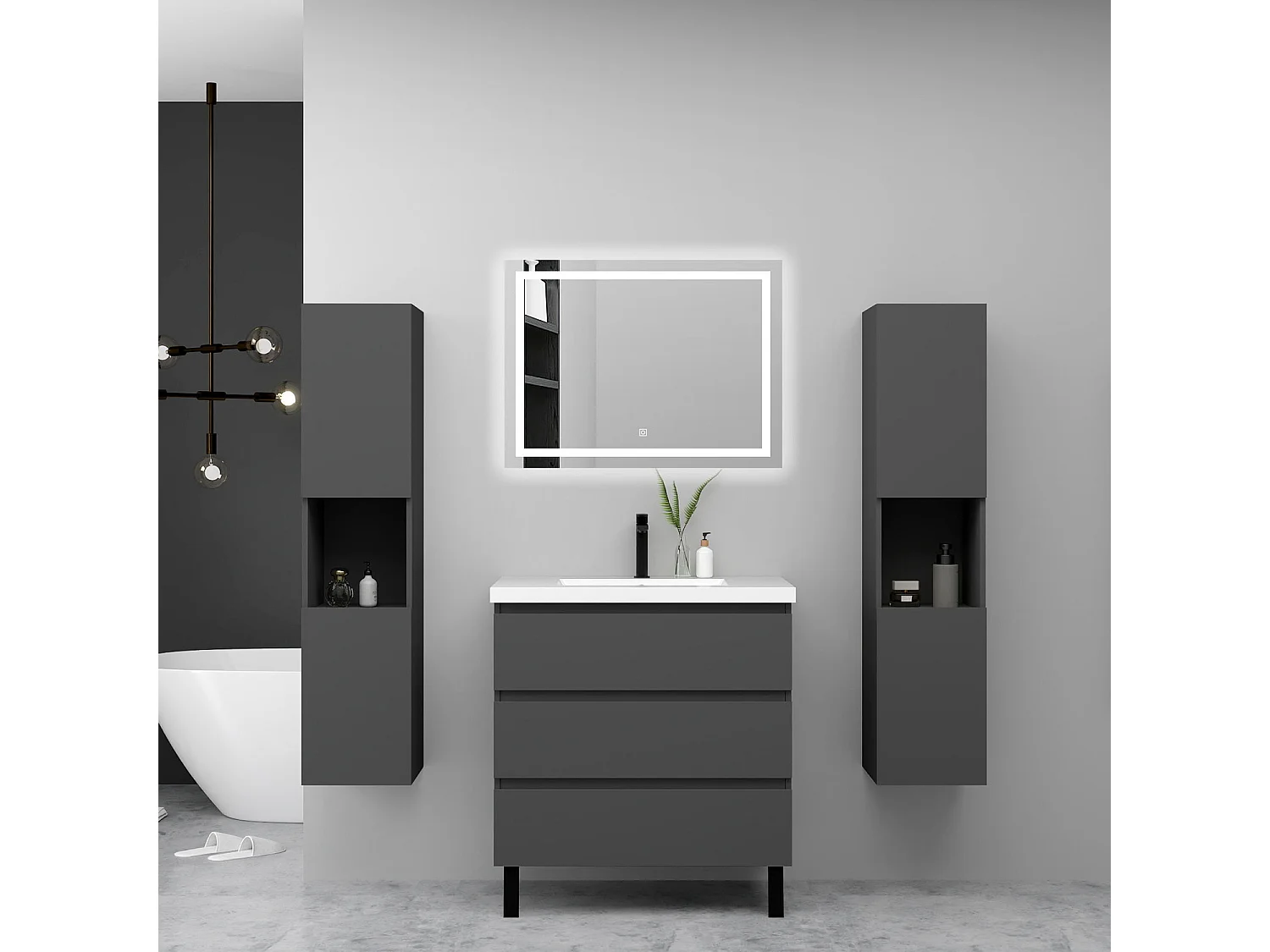 Ensemble meuble anthracite et vasque L.60cm 3 tiroirs avec fermeture amortie + 2*colonne haute + miroir LED