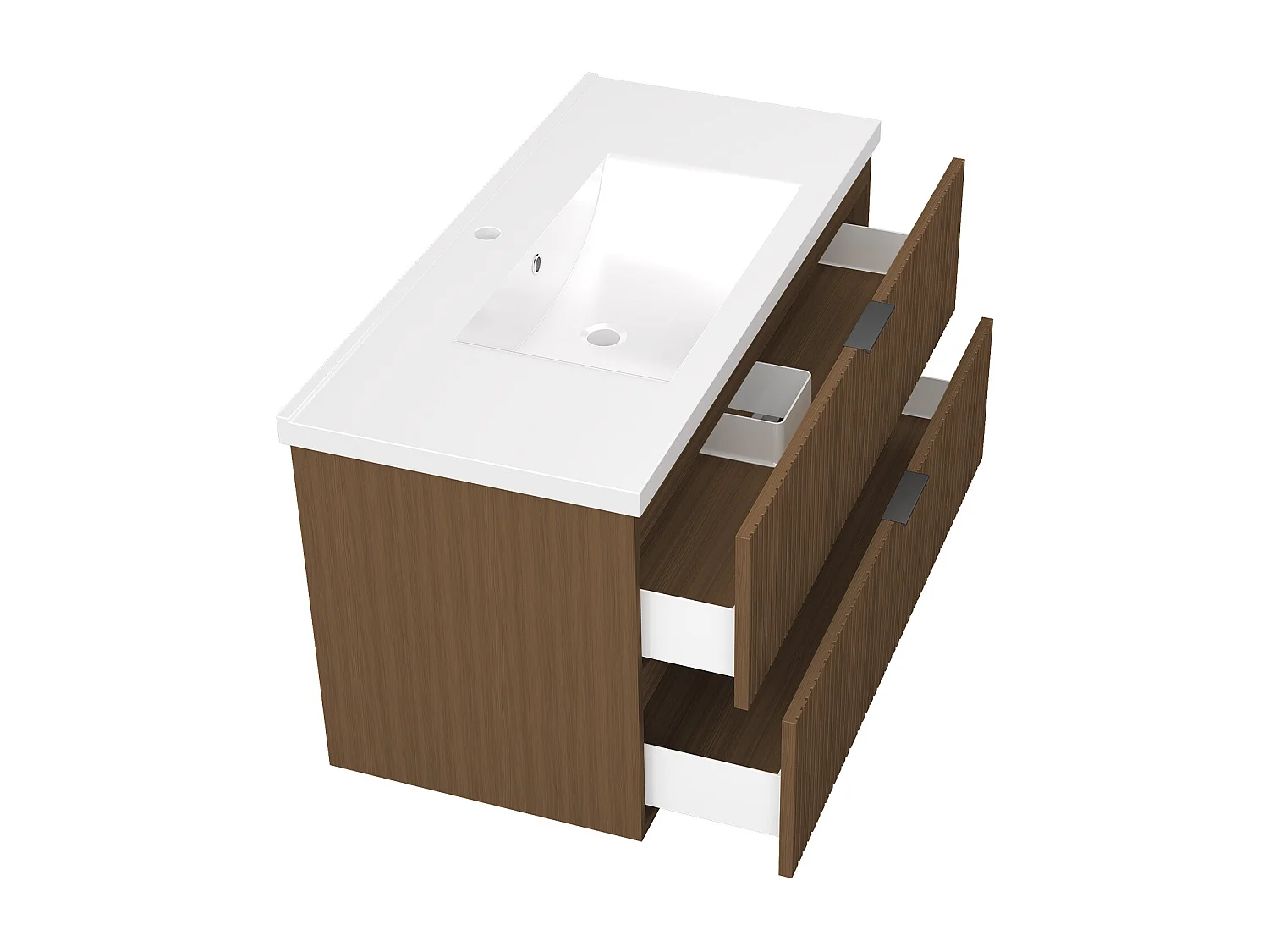 Aica Meuble de salle de bain suspendu 100 cm Noyer + 2 tiroirs, avec Vasque + Miroir LED
