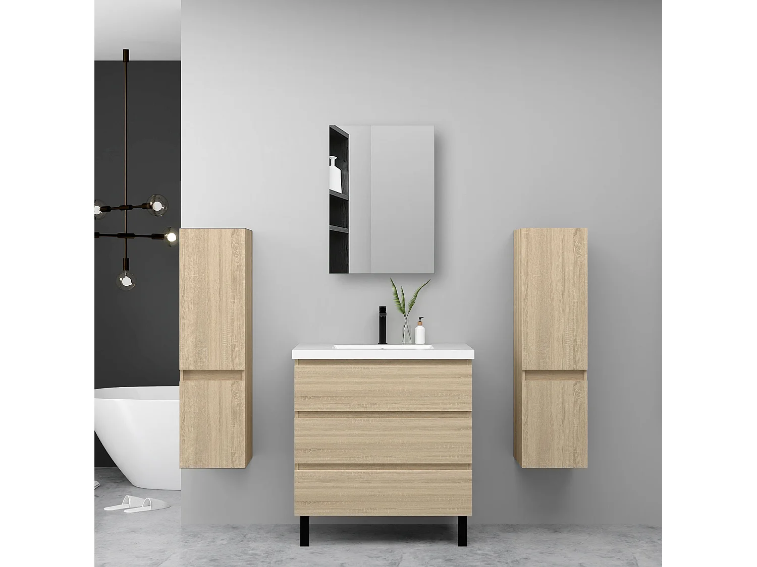 Ensemble meuble chêne et vasque L.80cm 3 tiroirs + 2*colonne haute + Armoire salle de bain avec miroir