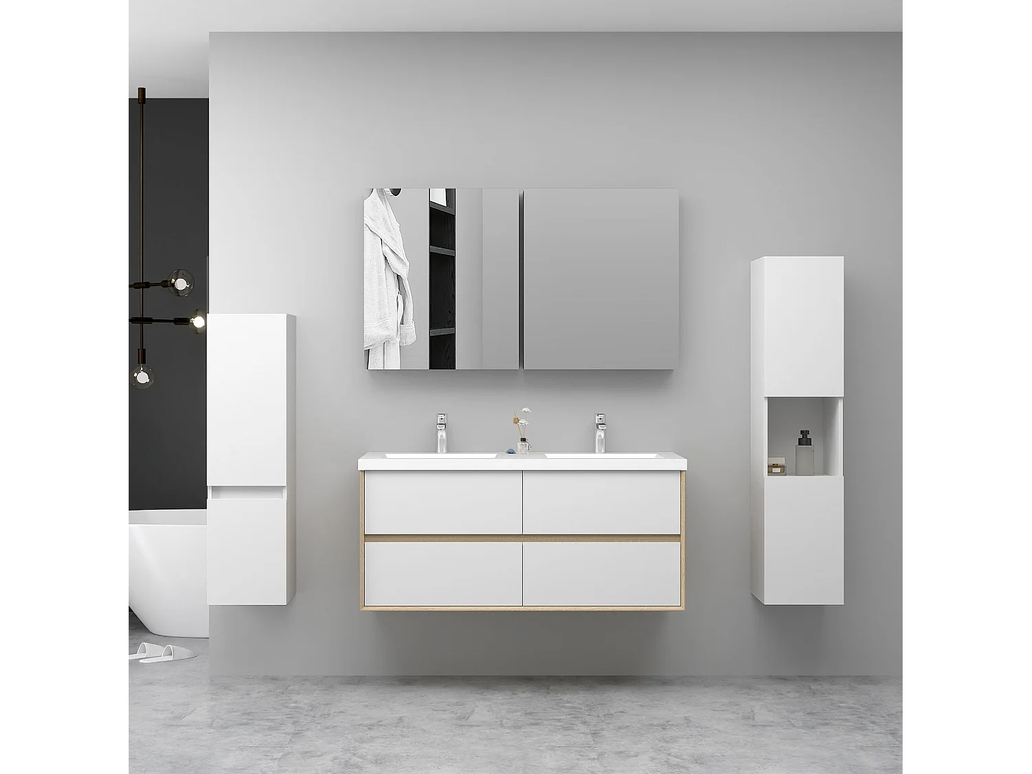 AICA Ensemble Meuble Salle de Bain Suspendu 120cm, Blanc + Chêne, Meuble 4 tiroirs + Vasque + Armoire salle de bain avec miroir + 2 Colonne haute