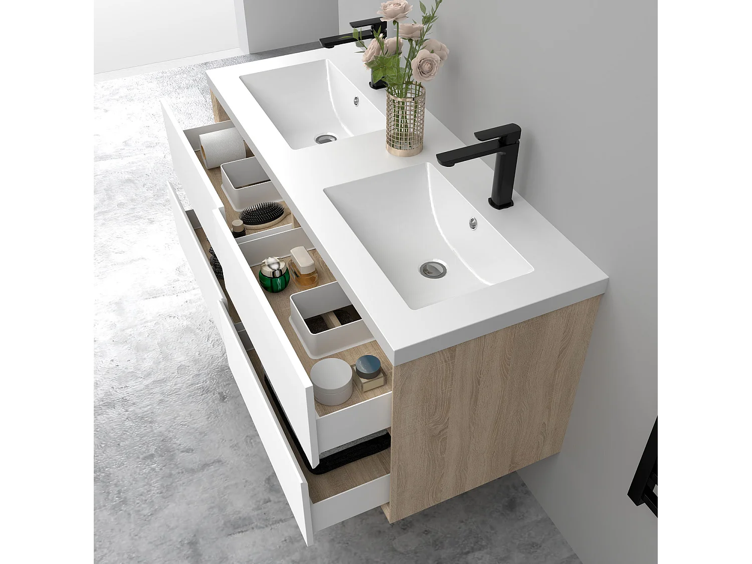 AICA Ensemble Meuble Salle de Bain Suspendu 120cm, Blanc + Chêne, Meuble 4 tiroirs + Vasque + Armoire salle de bain avec miroir + 2 Colonne haute