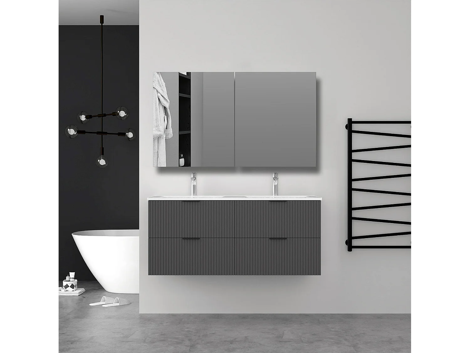 Aica Meuble de salle de bain suspendu 120 cm Anthracite + 4 tiroirs, avec Vasque + Armoire salle de bain avec miroir