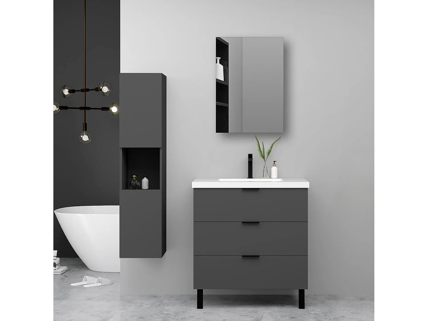 Ensemble meuble anthracite et lavabo L.60cm 3 tiroirs avec fermeture amortie + colonne haute + Armoire salle de bain avec miroir