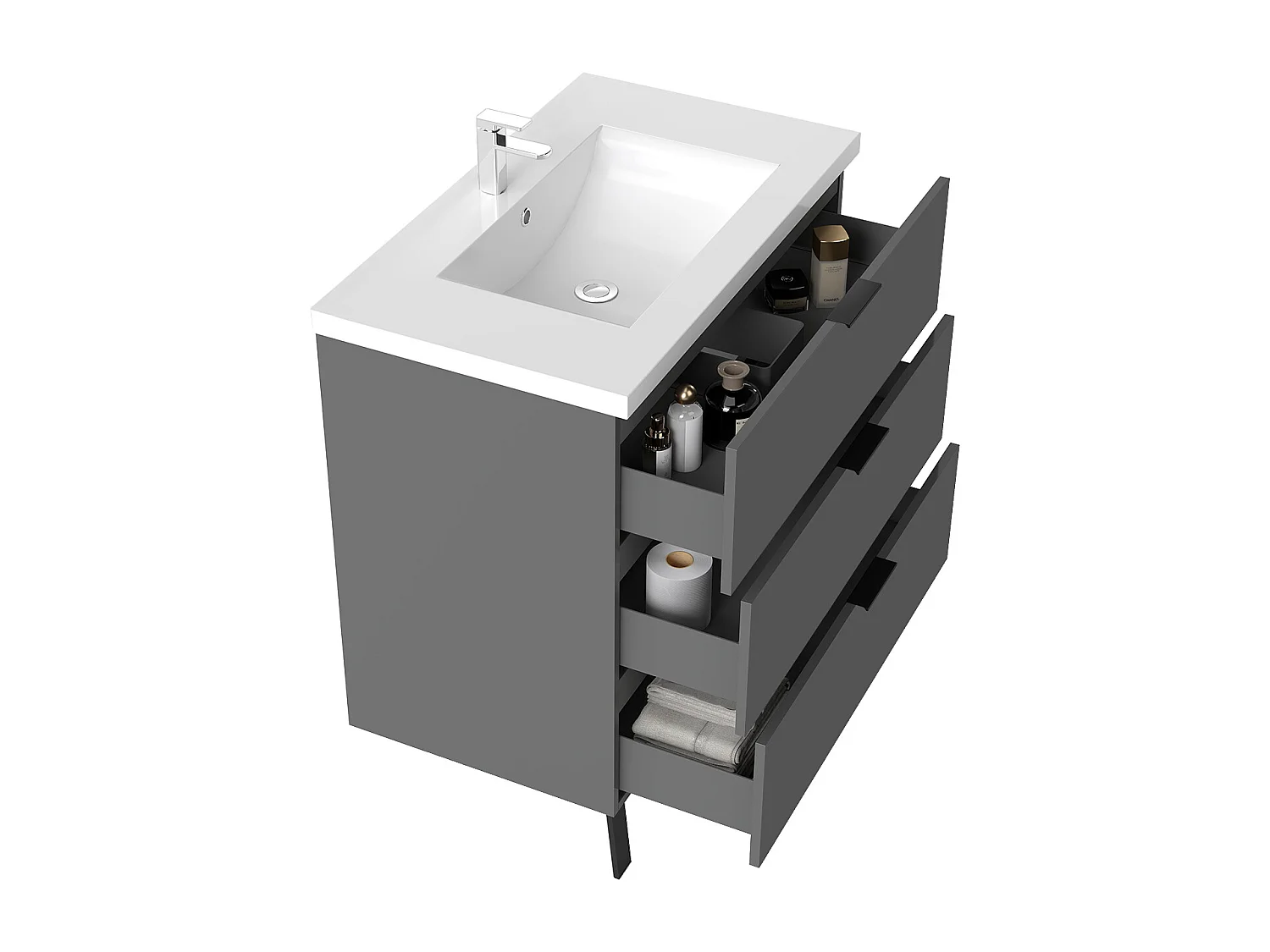 Ensemble meuble anthracite et lavabo L.80cm 3 tiroirs avec fermeture amortie + colonne haute + Armoire salle de bain avec miroir