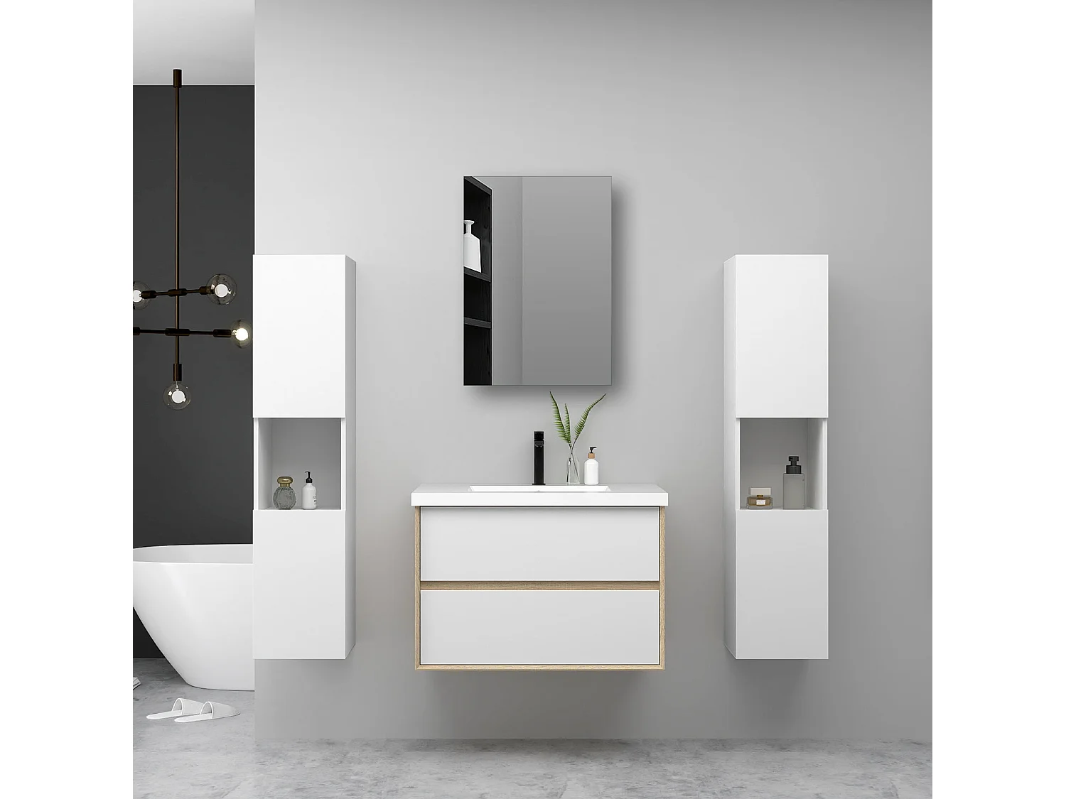 AICA Ensemble Meuble Salle de Bain Suspendu 80cm, Blanc + Chêne, Meuble 2 tiroirs + Lavabo + Armoire salle de bain avec miroir + 2 Colonne haute