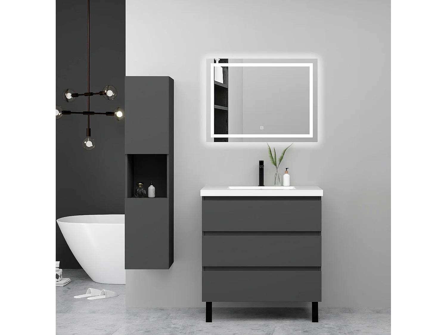 Ensemble meuble anthracite et vasque L.60cm 3 tiroirs avec fermeture amortie + colonne haute + miroir LED