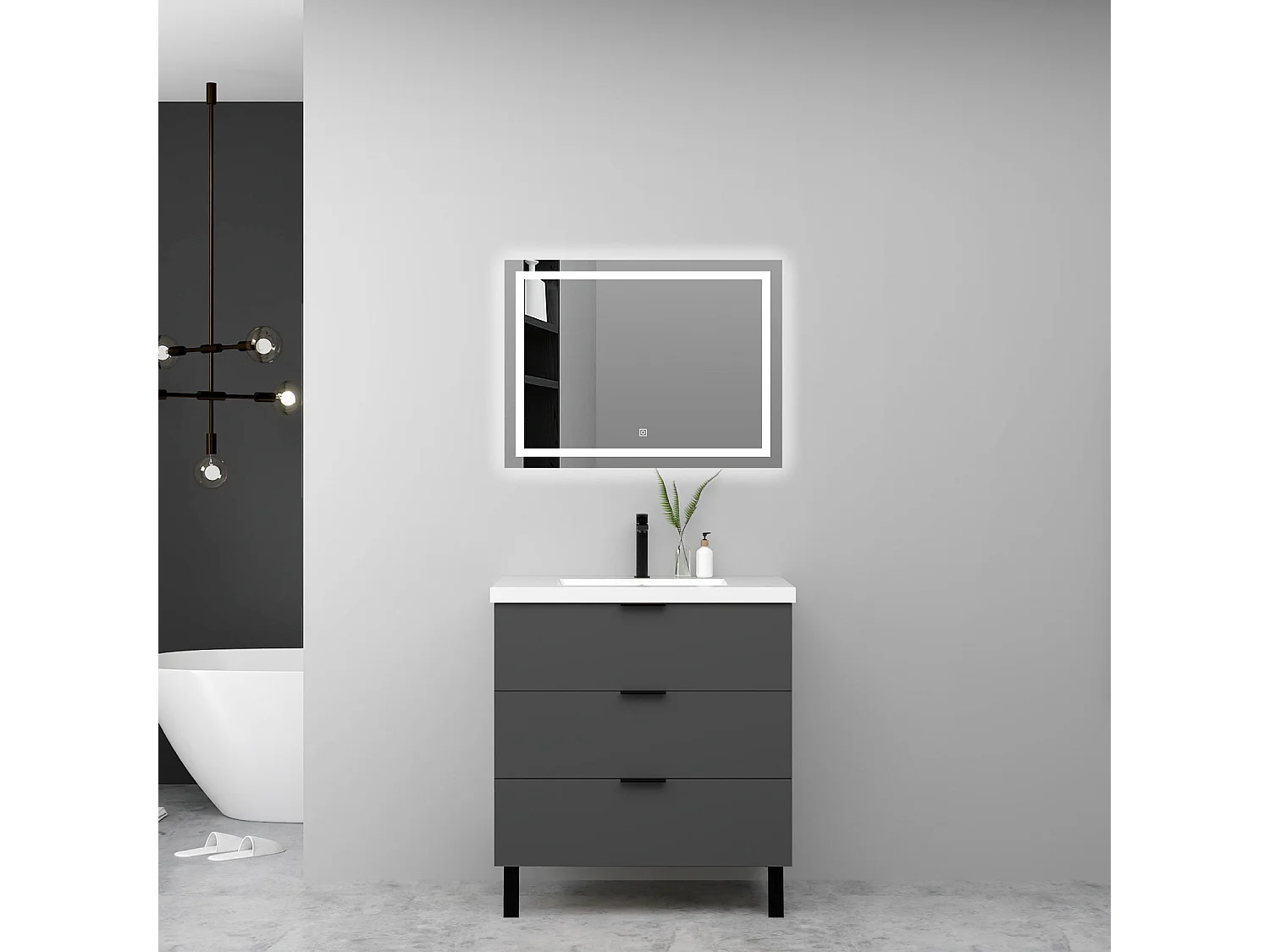 Meuble de salle de bain avec lavabo, 80cm, 3 tiroirs avec fermeture amortie + miroir LED, meuble anthracite