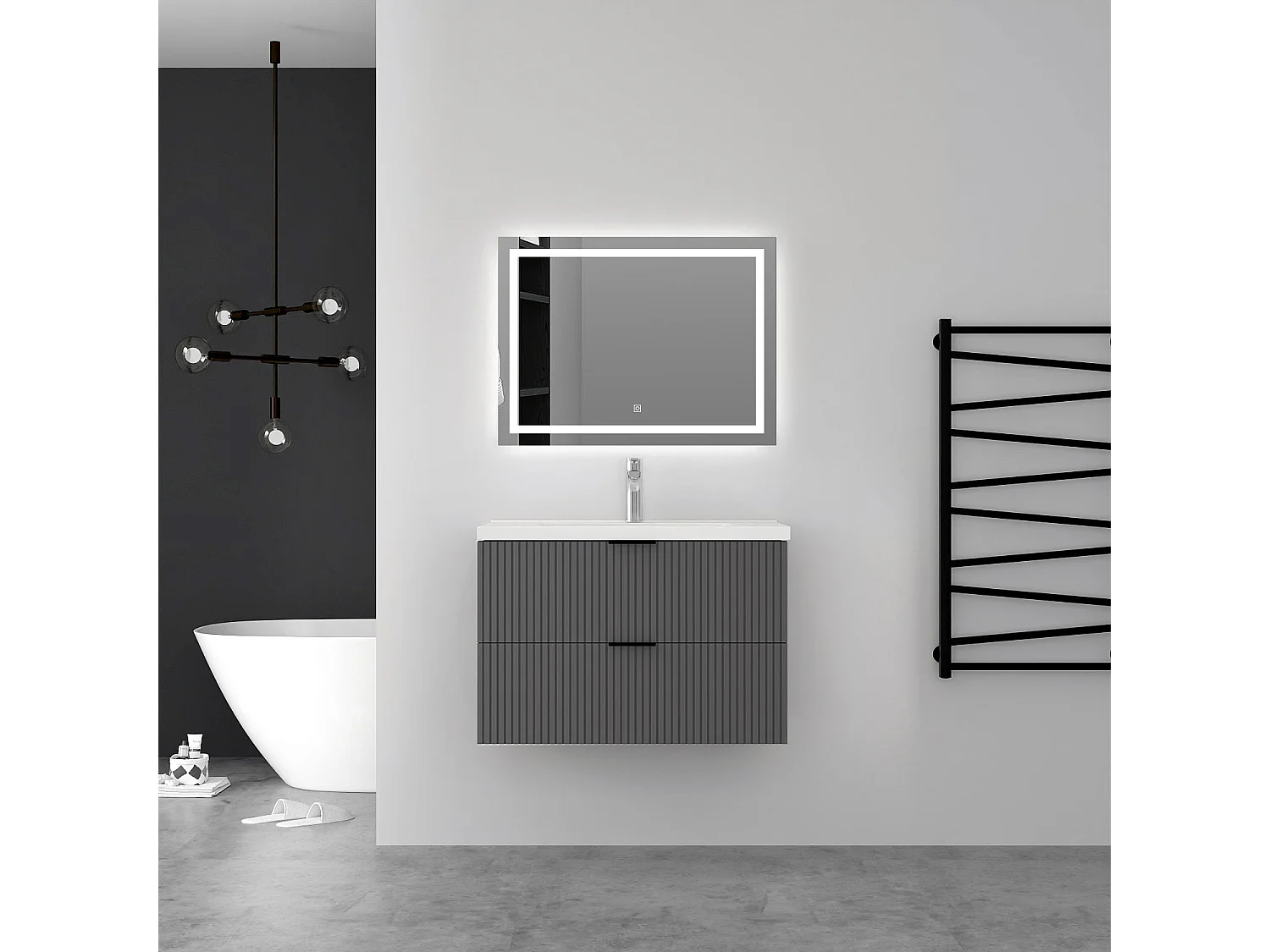 Aica Meuble de salle de bain suspendu 100 cm Anthracite + 2 tiroirs, avec Vasque + Miroir LED