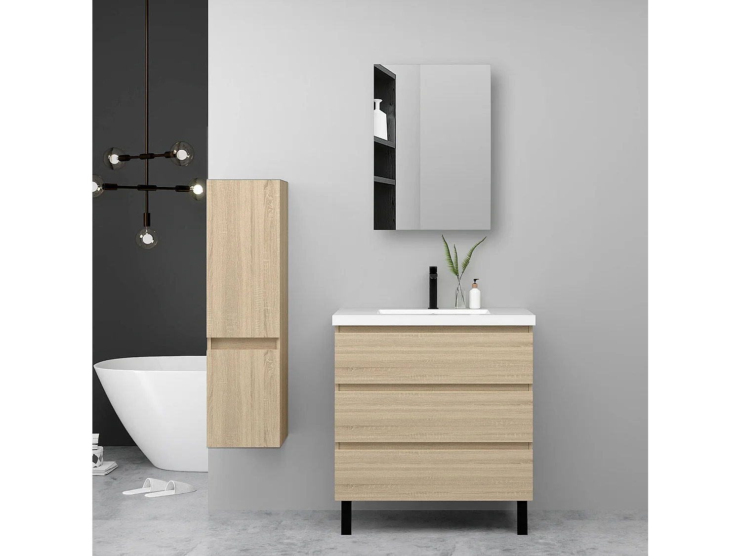 Ensemble meuble chêne et vasque L.80cm 3 tiroirs + colonne haute + Armoire salle de bain avec miroir