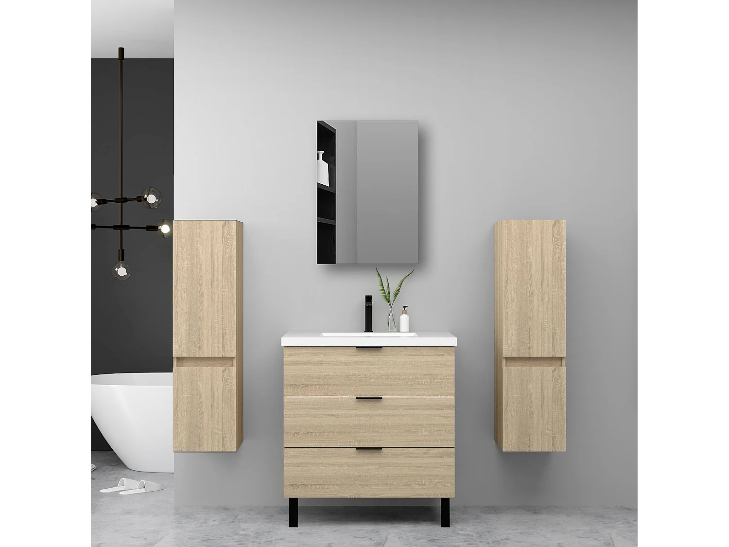 Ensemble meuble chêne et lavabo L.80cm 3 tiroirs + 2*colonne haute + Armoire salle de bain avec miroir