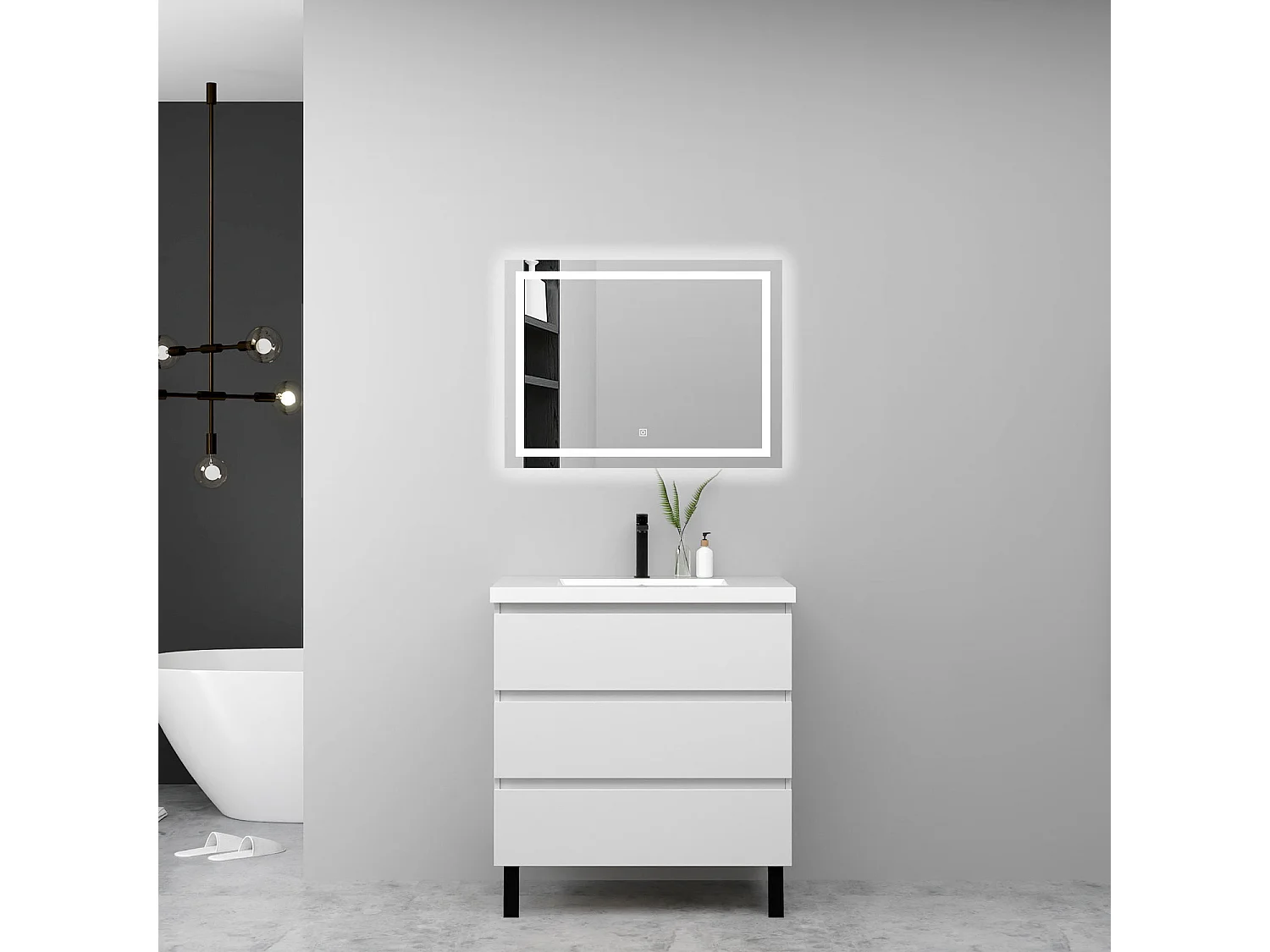 Meuble de salle de bain avec vasque, 60cm, 3 tiroirs avec fermeture amortie + miroir LED, meuble blanc