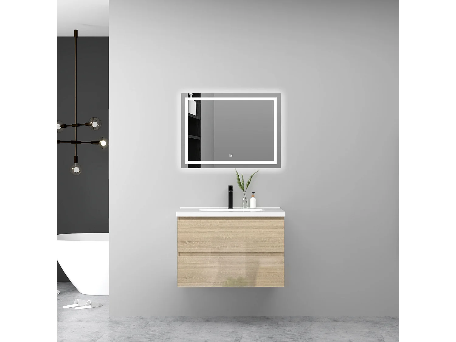 Ensemble Meuble Salle de Bain Suspendu 80cm Chêne Brillant avec 2 Tiroirs à Fermeture Automatique et Simple Lavabo Céramique et Miroir Tricolore