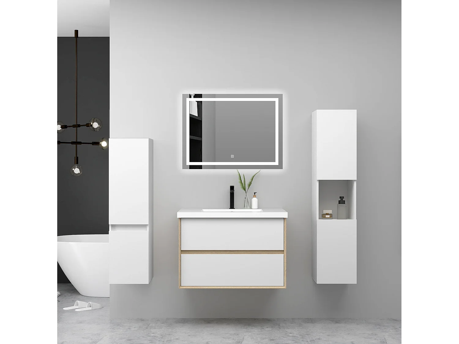 AICA Ensemble Meuble Salle de Bain Suspendu 80cm, Blanc + Chêne, Meuble 2 tiroirs + Vasque + Miroir LED + 2 Colonne haute
