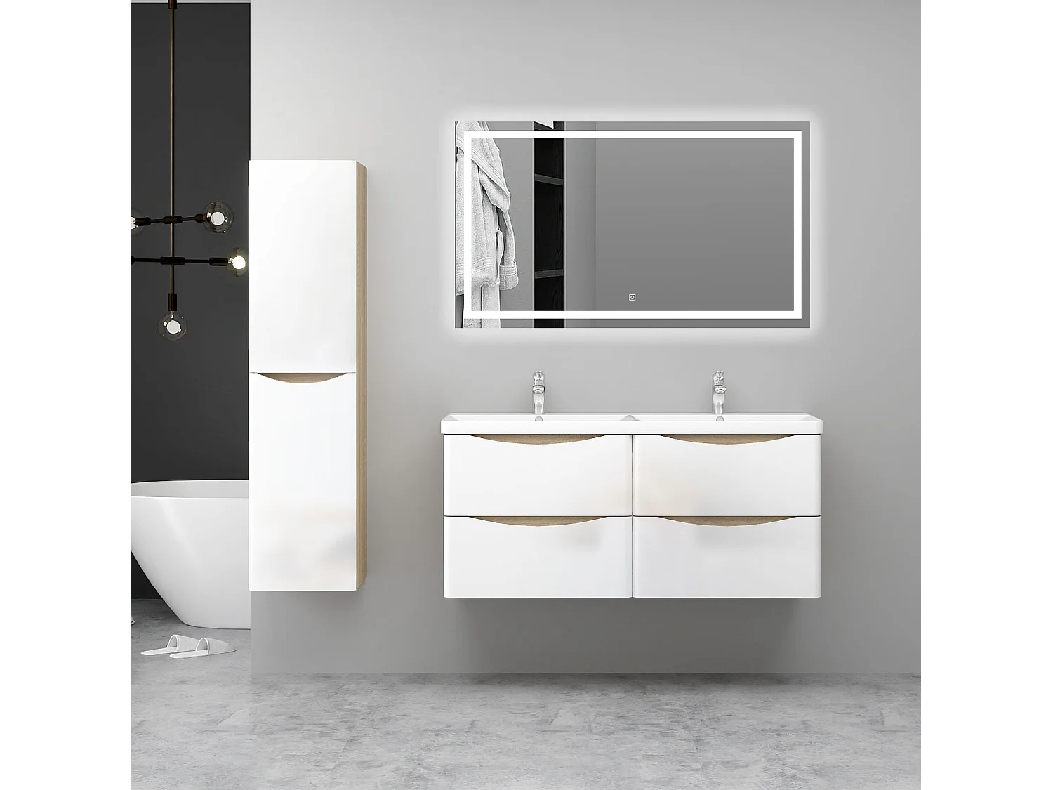 AICA Ensemble Meuble Salle de Bain Brillant Suspendu 120cm, Blanc + Chêne, Meuble 4 tiroirs + Lavabo + Miroir LED + Colonne